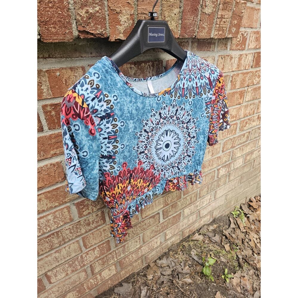 Hippie Women's L Blue Boho Mandala Print Short Sleeve Ruffle Hem Peplum Top Y2k